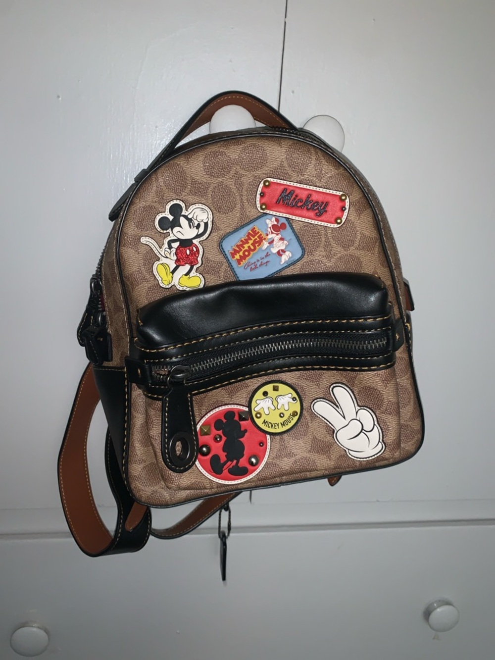 Coach Brown Signature Mini Backpack with Black Trim and Disney Patches